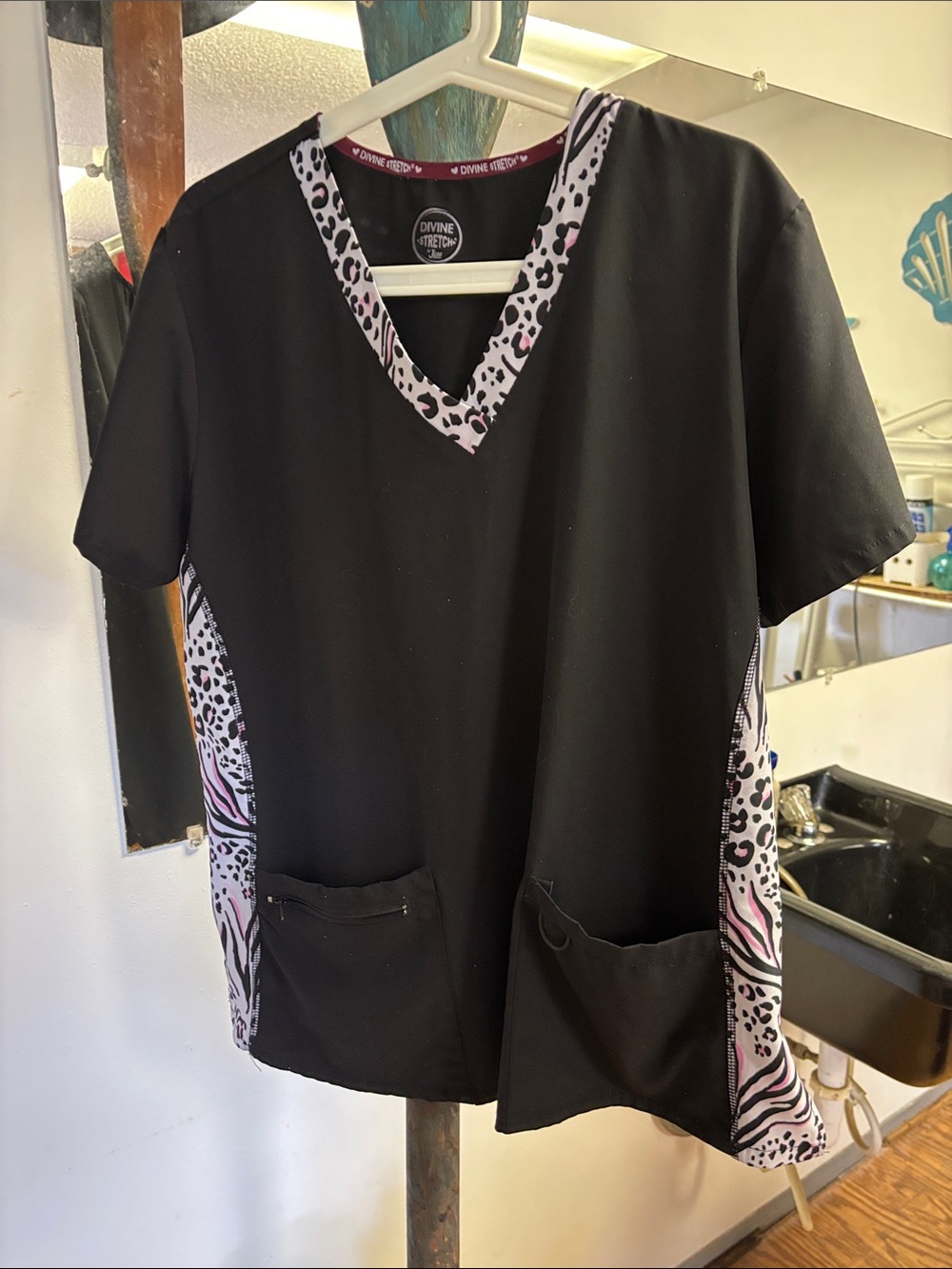 Black V-Neck Medical Scrub Top with Animal Print Trim